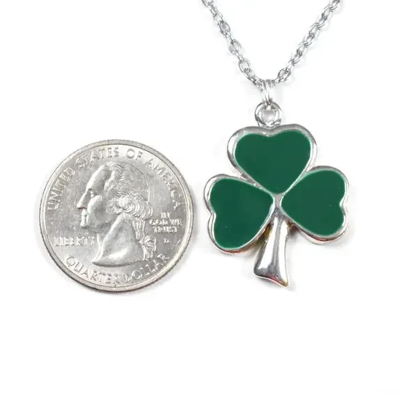 Shamrock Clover silver/green Pendant Chain Necklace St. Patrick's Day Irish 24" - Picture 3 of 3